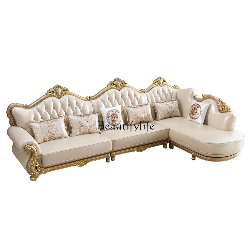 

European leather sofa American light luxury solid wood carving flower sofa living room furniture