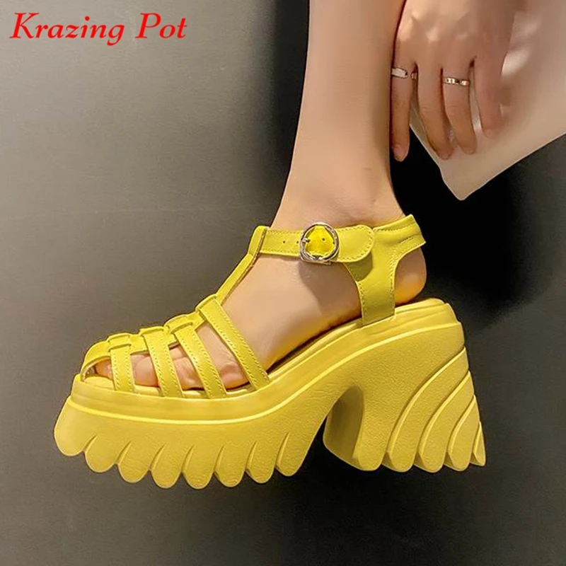 Krazing Pot 2024 Cow Leather Platform Buckle Straps Round Toe Summer Shoes Waterproof Fairy Thick High Heels Sexy Sandals Women