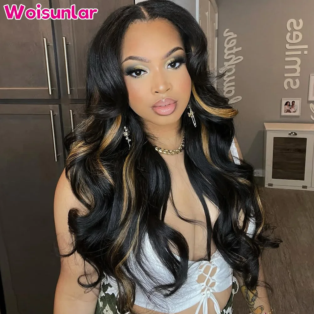 

Highlight 27 blonde and Black Body Wave lace Front Human Hair Wig 36 inches 200% Black women13x4 Transparent Lace Brazilian wig