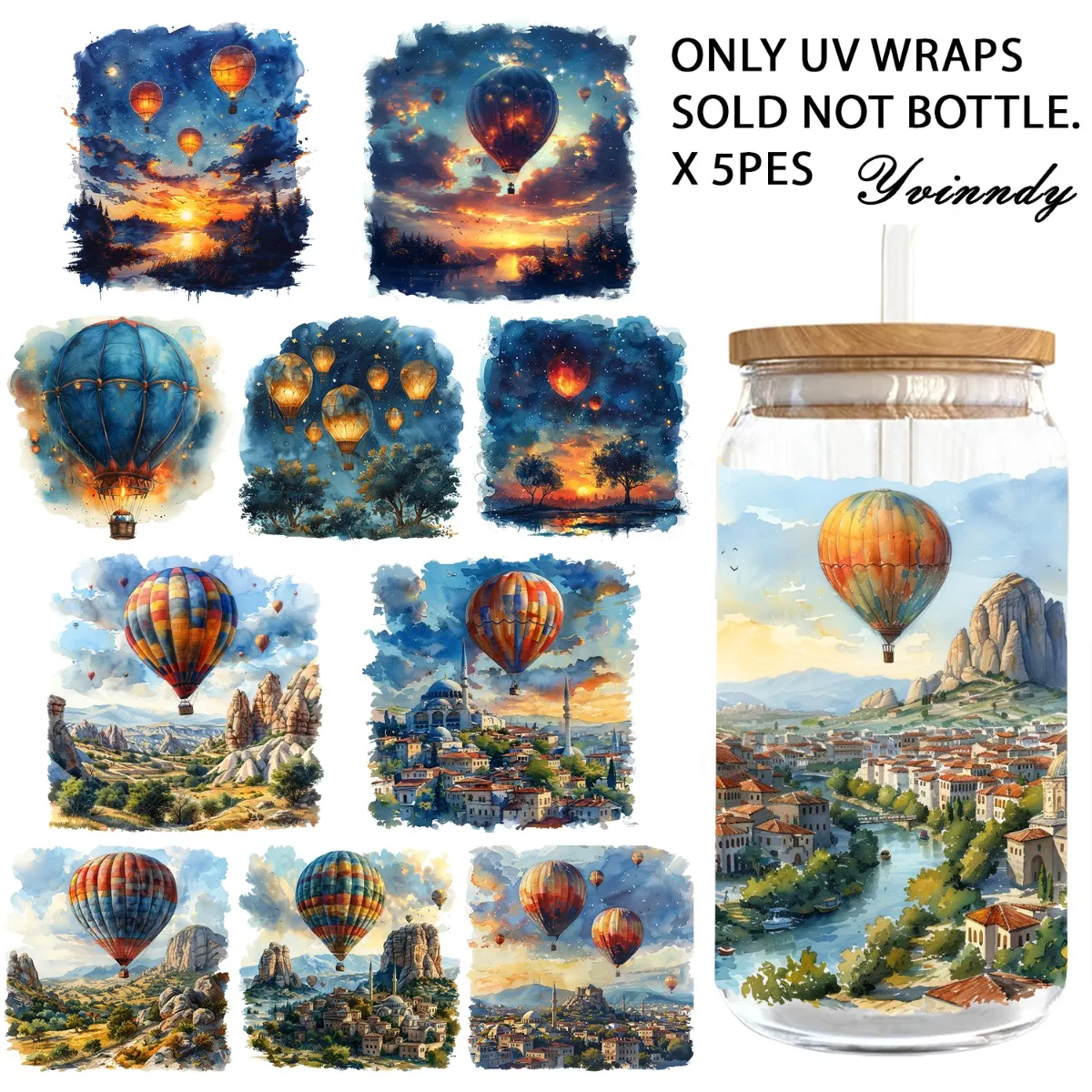 

5PCS/Set Of 16OZ UV DTF DIY Transfer Paper - The Hot Air Balloon At Sunset UV DTF Waterproof Film(Excluding Water Cup)