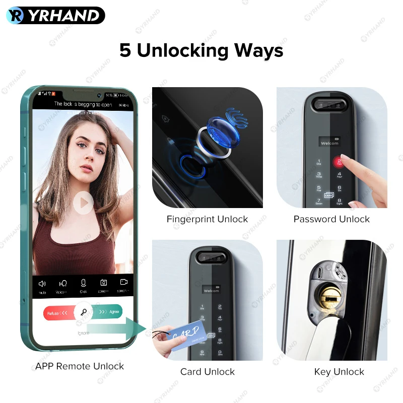 YRHAND Tuya 3D Face Real-time Intercom Smart Door Lock Security Camera Intelligent Fingerprint Biometric Electronic Key Unlock