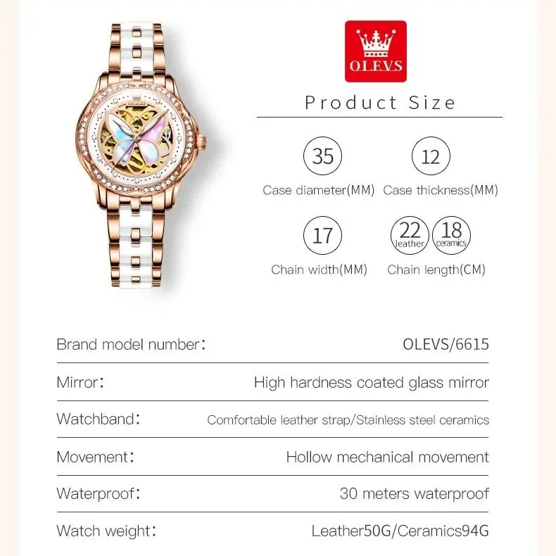 OLEVS Elegant Watch for Ladies Diamonds Butterfly Dial Design Waterproof  Ceramic Watch Strap Watch Bracelet Set Gift