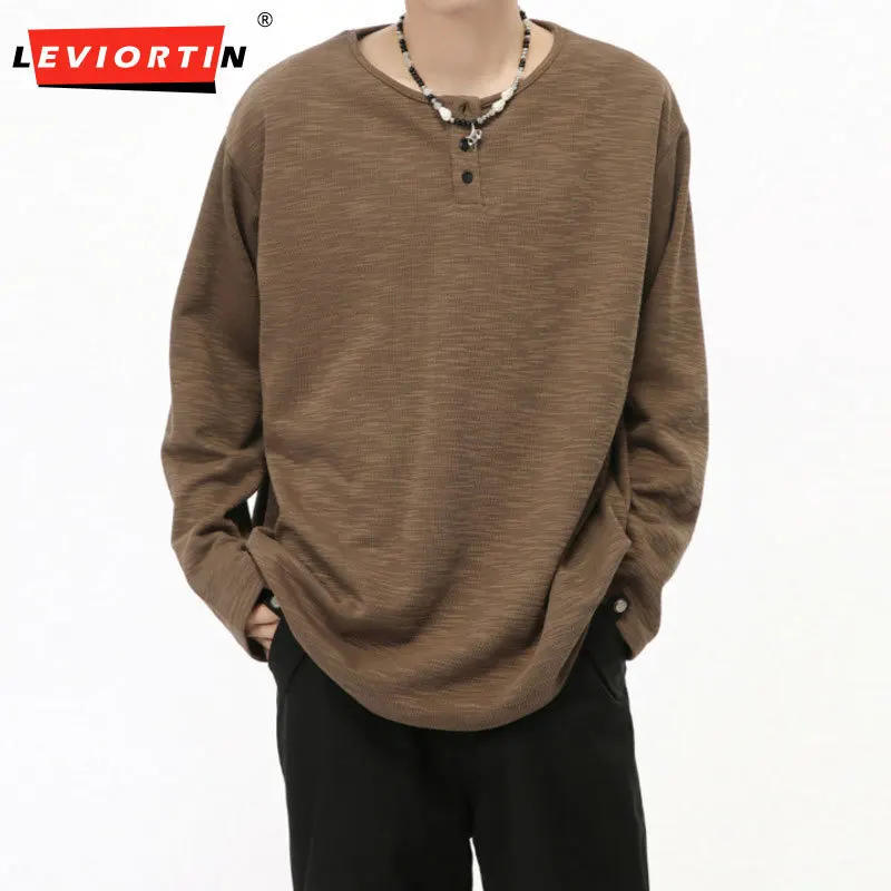 

LEVIORTIN Style Men's T-shirts Button Half Open Collar Round Collar Long Sleeve Solid Color Loose Male Tees New Fashion