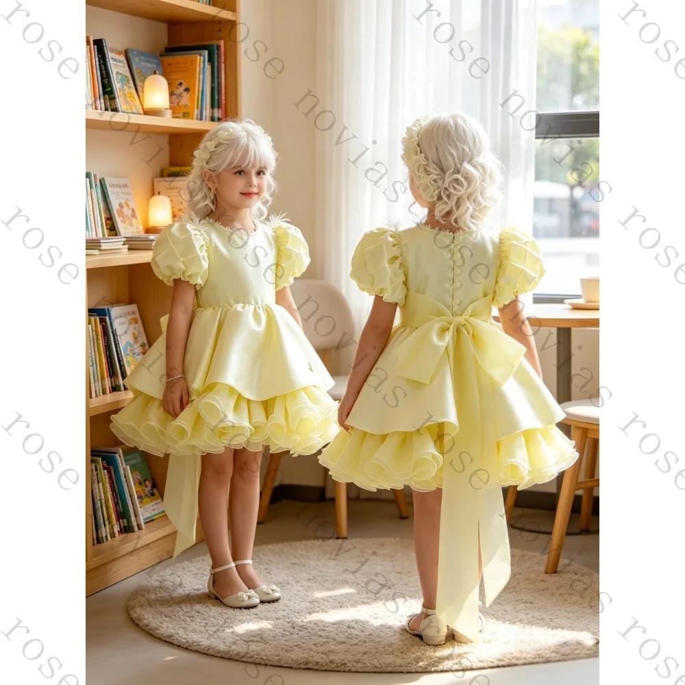 

Customized Bubble Sleeve Children's Wedding Dress with Bow Satin Ruffle Flower Girl Dress Elegant Suitable for Wedding Parties