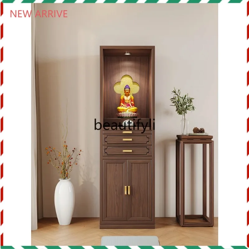 

D2520 New Chinese black walnut solid wood double drawing Buddhist niche vertical cabinet modern light luxury shrine Buddhist cab