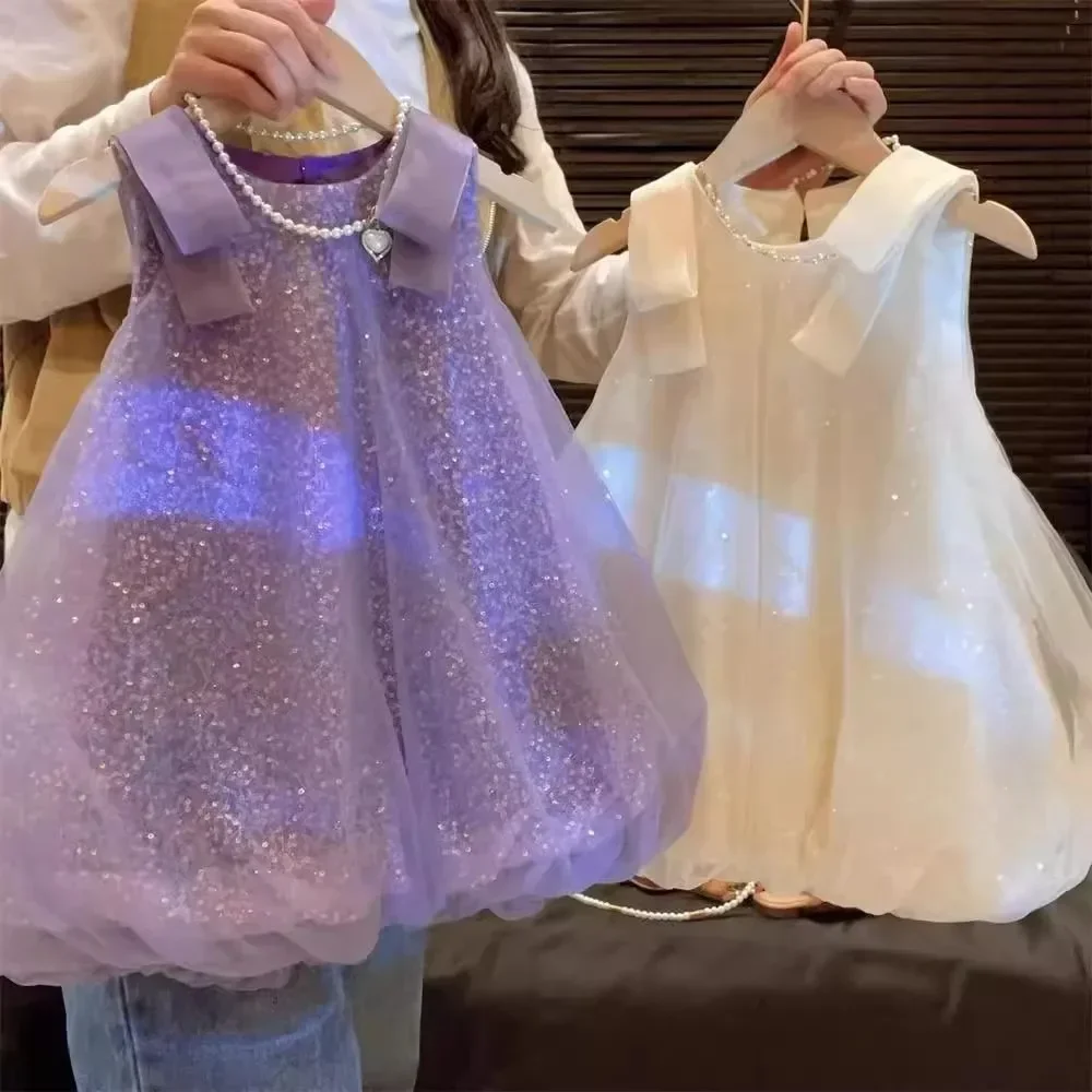 Flower Girl Dress Purple Mesh Sequin Birthday Party Children's Clothing Solid Color Vest Kids Dresses for Girls Casual Wear