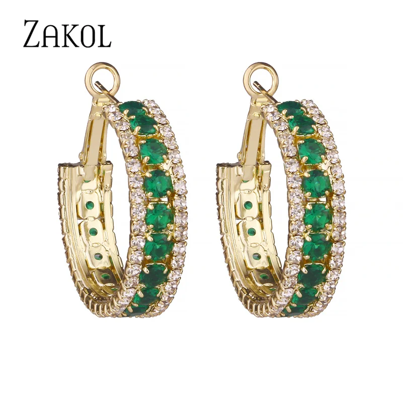 ZAKOL  Luxury Vintage Green Zircon Hoop Earrings Geometric Circle Drop Earring Exquisite Jewelry Birthday Gifts for Women