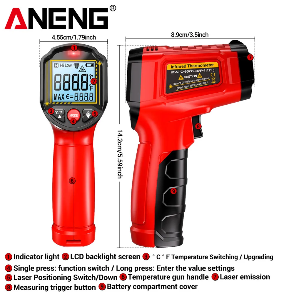 ANENG TH202 Thermometer Non Contact Hygrometer IR Laser Heat Handheld Temperature Gun LCD Backlit Display Screen Pyrometer