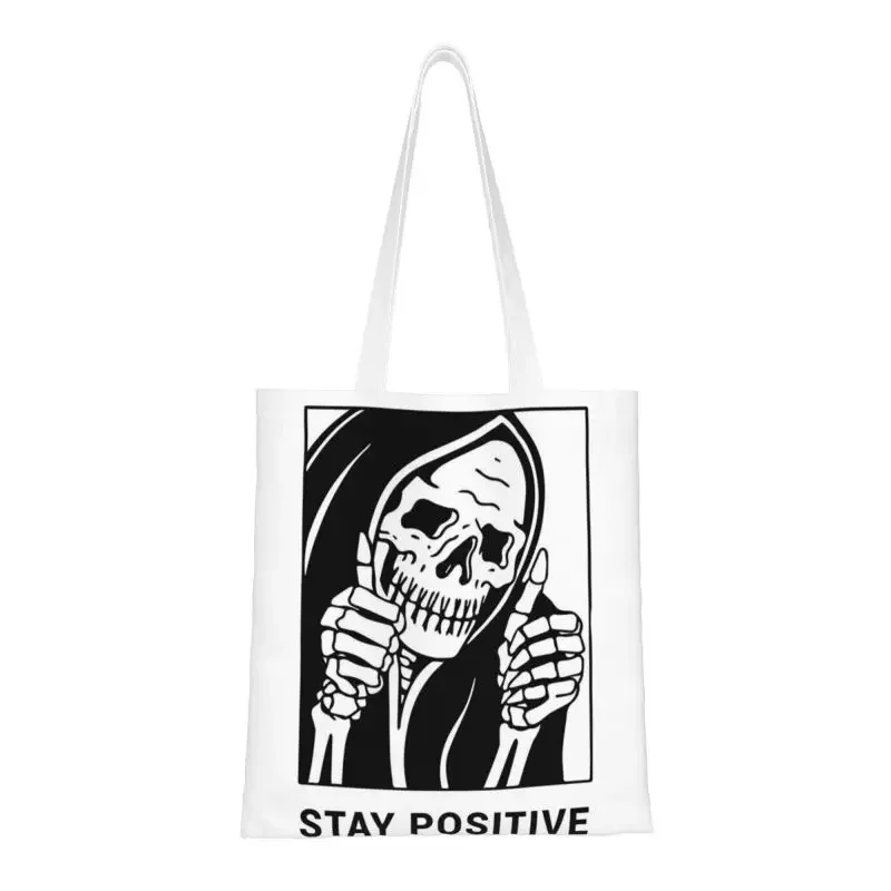 Stay Positive Skull Grocery Shopping Bags Custom Print Canvas Shopper Shoulder Tote Bags Large Capacity Portable Handbag