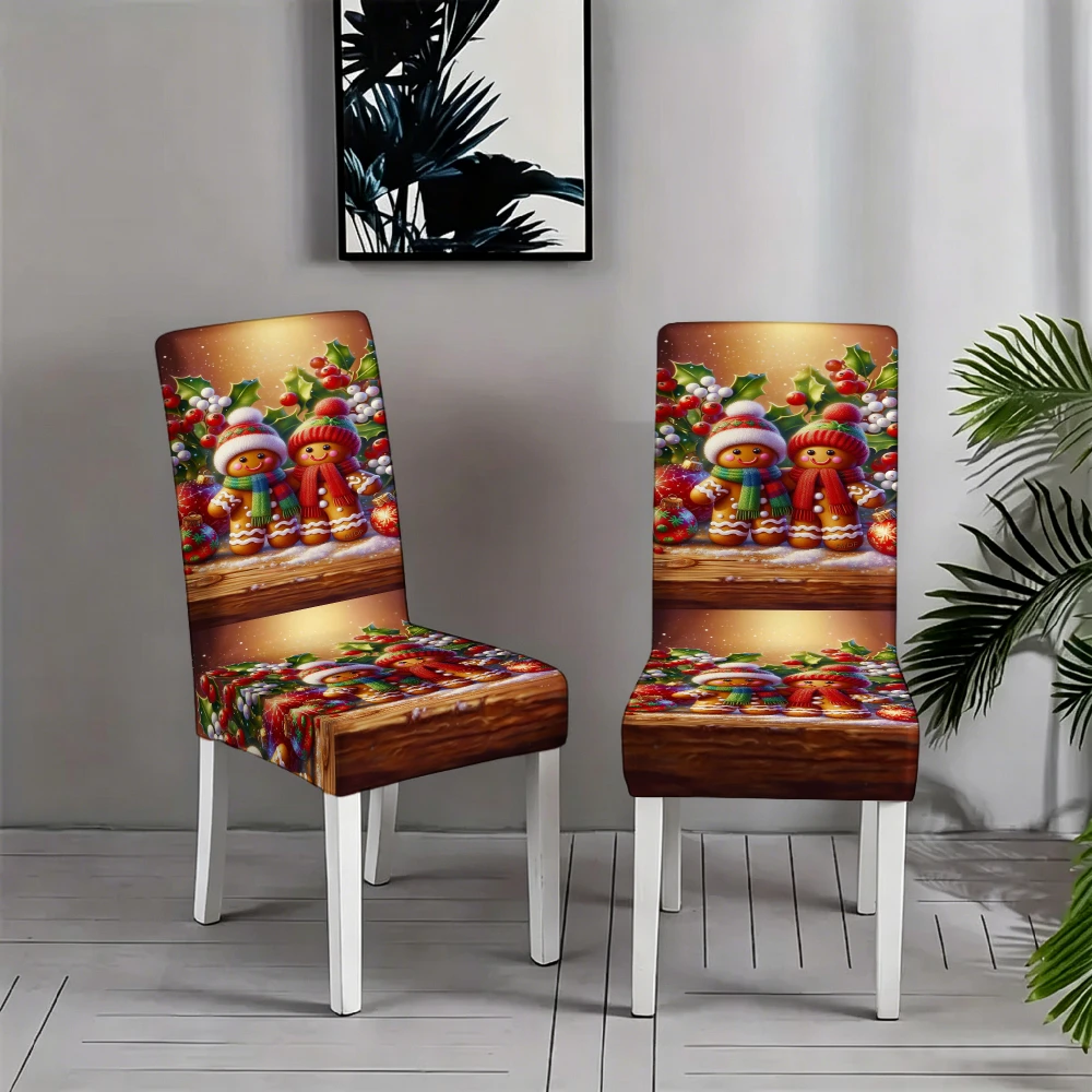 Wooden Board Cute Gingerbread Man Holly Berry Bauble Dining Chair Slipcover Stretch Xmas Holiday Chair Cover
