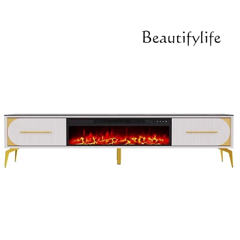 Light luxury fireplace TV cabinet living room simulation flame solid wood rock slab decorative fireplace rack heating furnace