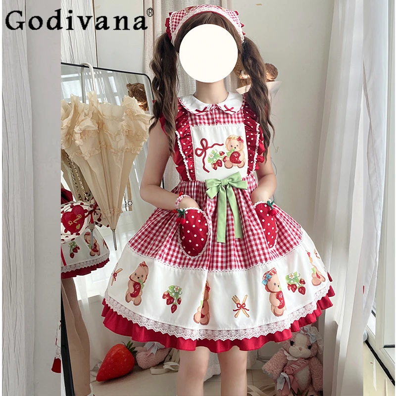 

Original Japanese Lo Kawaii Short Dress Summer Sweet Girls Cute Bear Strawberry Print Doll Collar Flying Sleeve Lolita Dresses