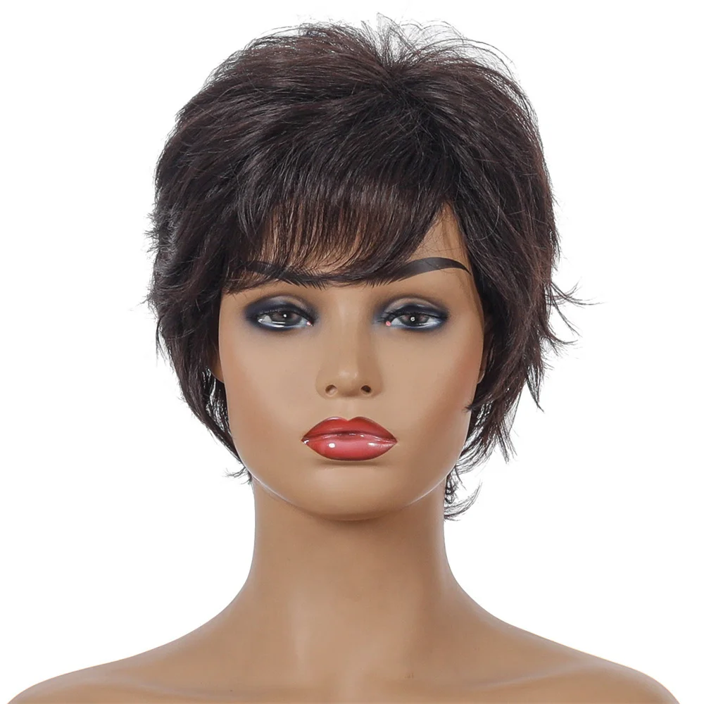 OUCEY Pixie Cut Wig sintetis Wig pendek wanita dengan poni Wig cokelat untuk wanita hitam Wig wanita tahan panas