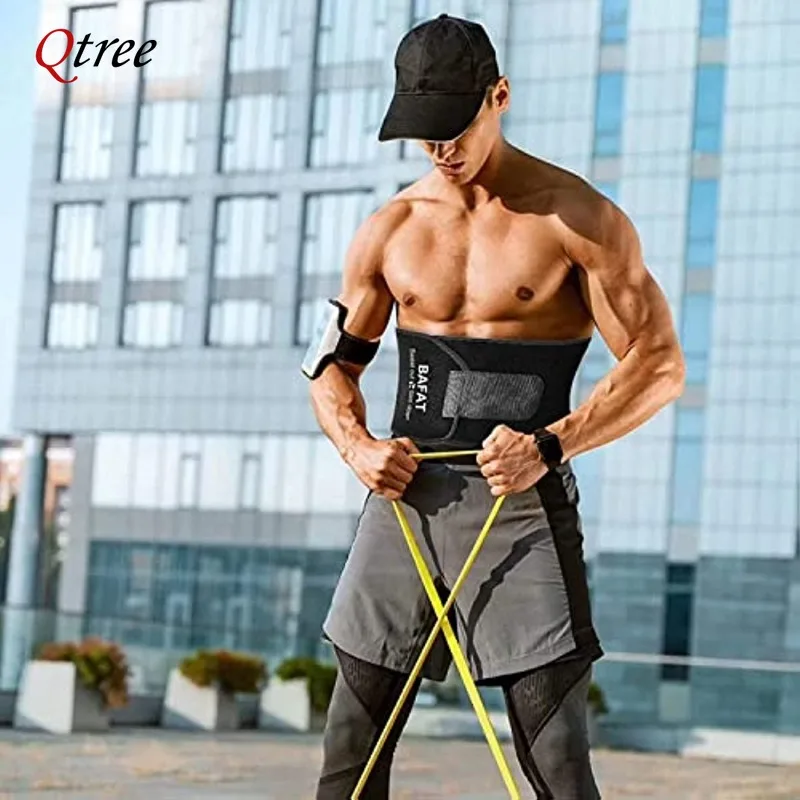 Qtree Black Belly Trimmer Men Waist Trainer Adjustable Compression Wrap Sweat Belt Stomach Wraps for Workout Sports Gym Corset