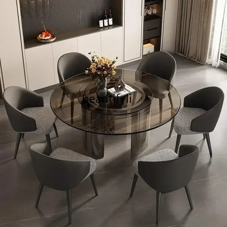 yItalian minimalist dining table and chair combination Household round tempered glass dining table combination