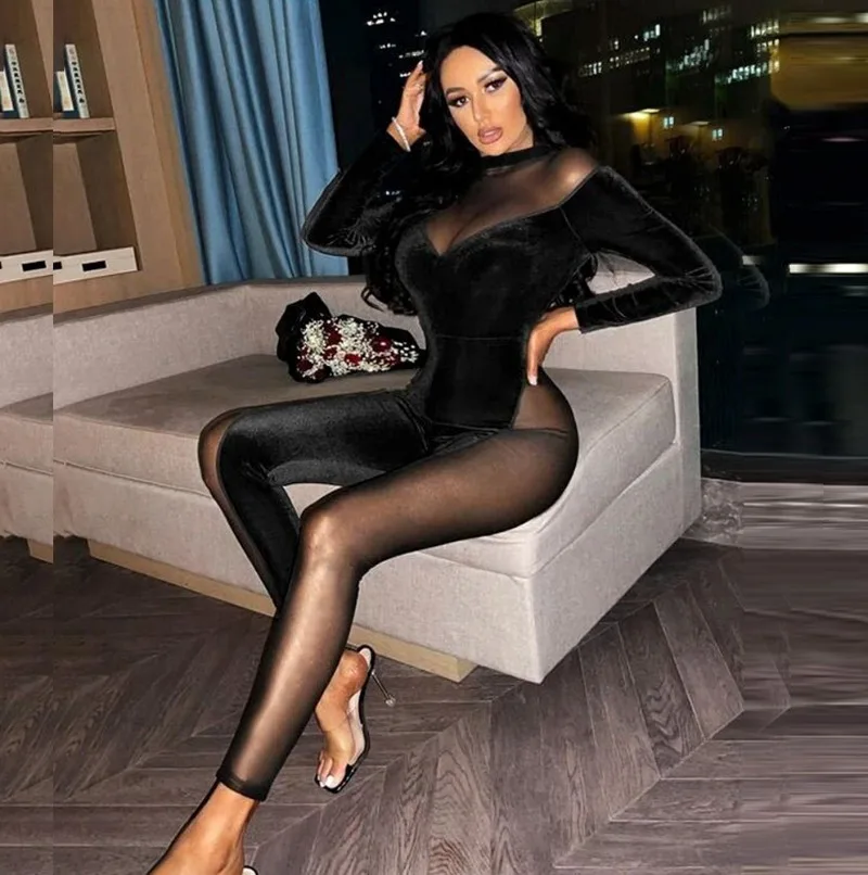 

Прозрачные сетчатые лоскутные бархатные узкие комбинезоны женские сексуальные водолазки с длинным рукавом персикового цвета бедра тонкие комбинезоны для вечеринок в ночном клубе