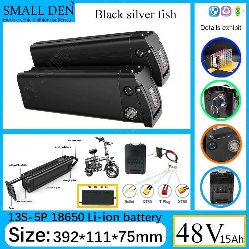 Silver Fish 48 V 15 Ah 18650 13S5P abnehmbarer Lithium-Akku mit integriertem BMS für 250 W-1800 W zusammenklappbare E-Zweiräder