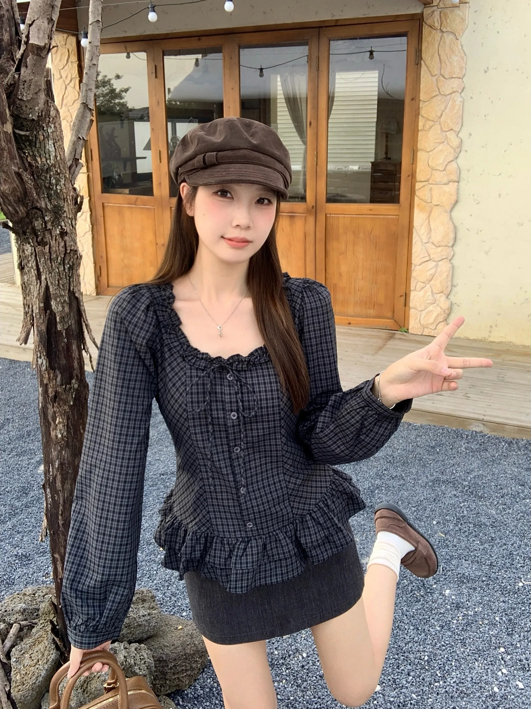 

plus Size Plaid Shirt Spring New Style Slimming Long Sleeve Knot Button up Casual Office Wear Korean Style Women's Top