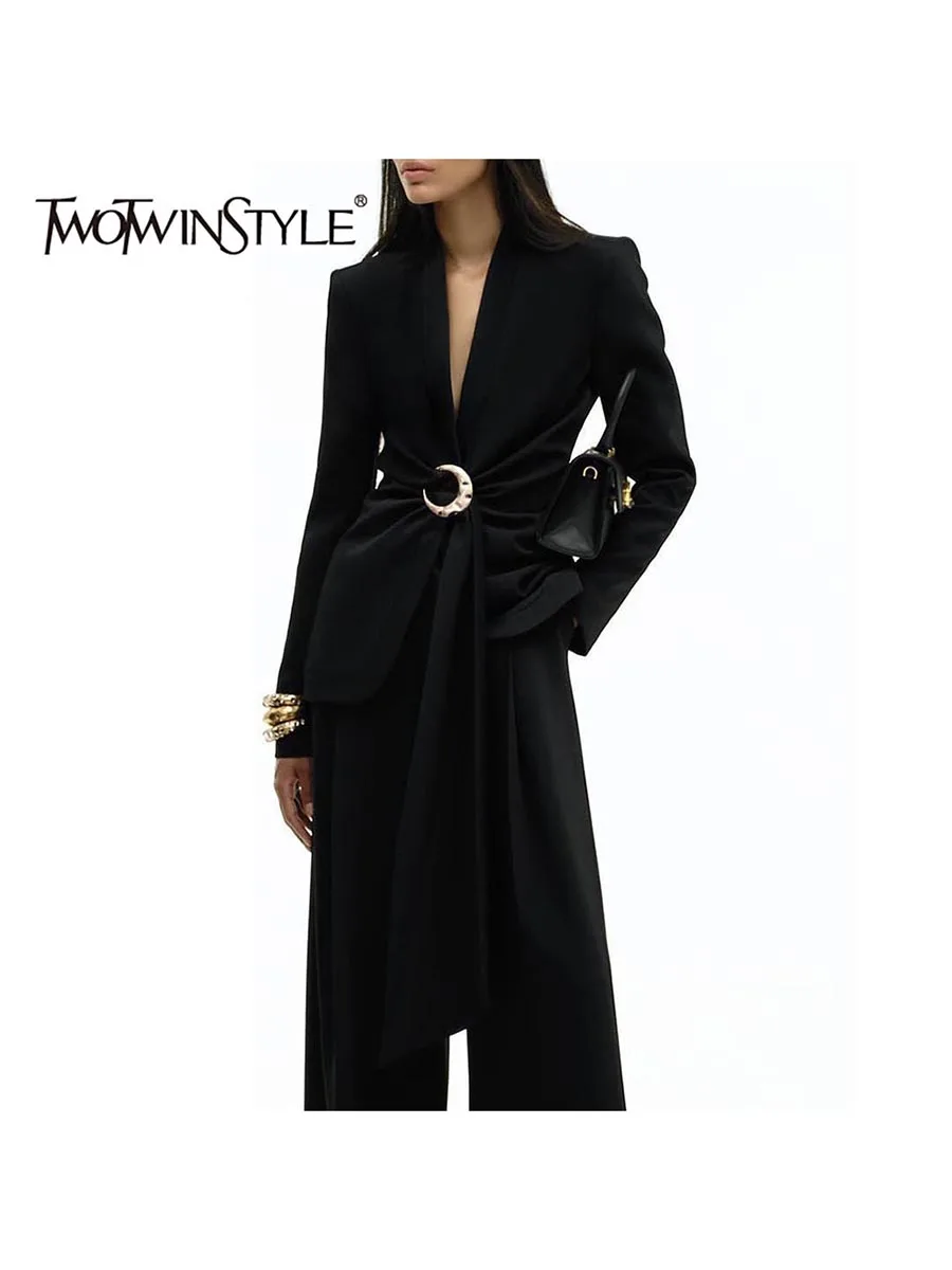 

TWOTWINSTYLE Solid Spliced Ribbon Fashion Blazers for Women V Neck Long Sleeves Patchwork Metal Buckle Temperament Blazer Female