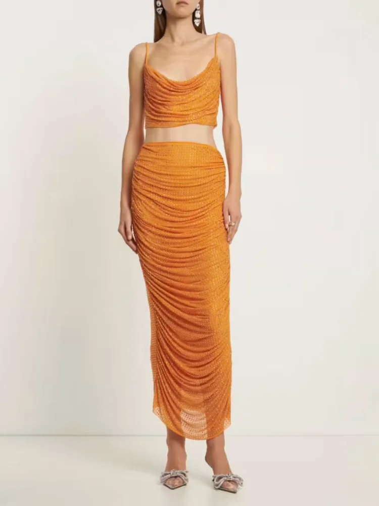 

Sexy Shiny Diamonds 2 Piece Set Women Orange Diamond Sleeveless Slip Crop Top + Slim Long Skirts Suits Evening Party Runway Sets