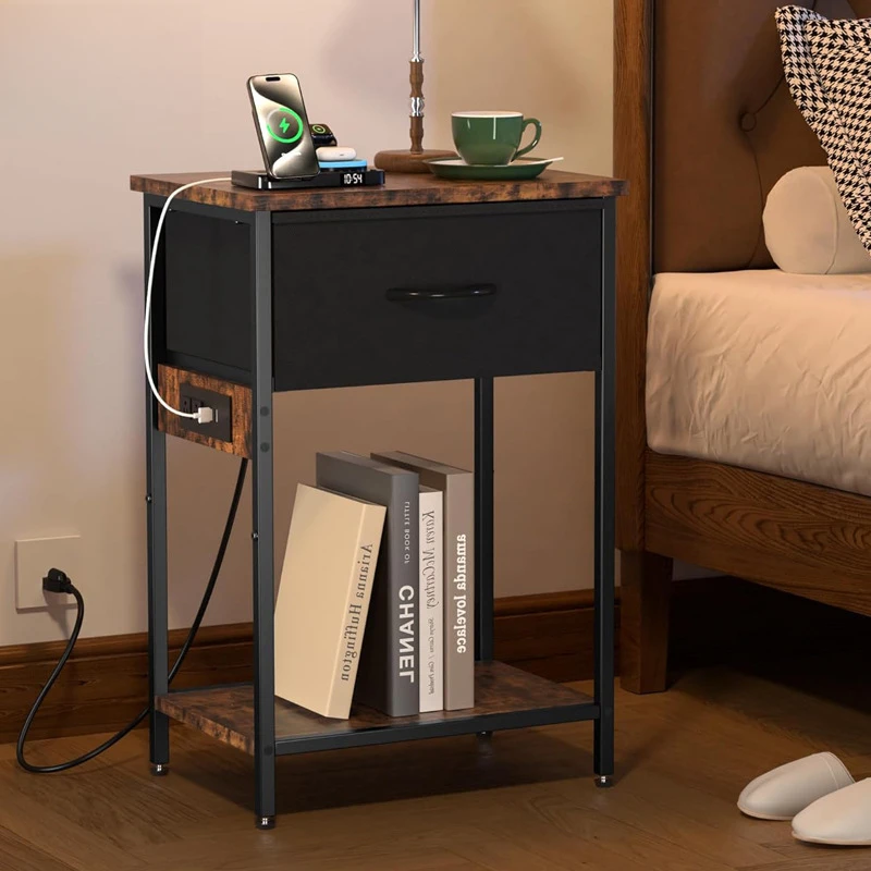 طاولة نهاية متعددة الوظائف مع محطة شحن لاسلكية وتخزين 3 في 1 منضدة حديثة/خزانة بجانب السرير لغرفة المعيشة