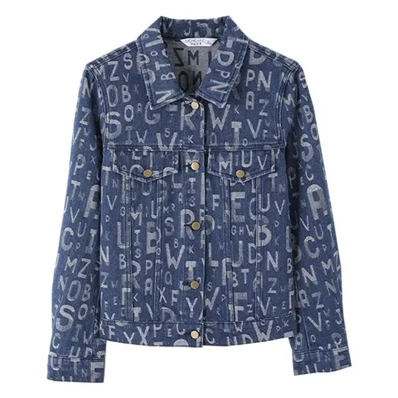 Spring Autumn Short Denim Jacket Women 2024 New Fashion Loose Leisure Coat Printing Single-Breasted Blue 3XL Overcoat Female
