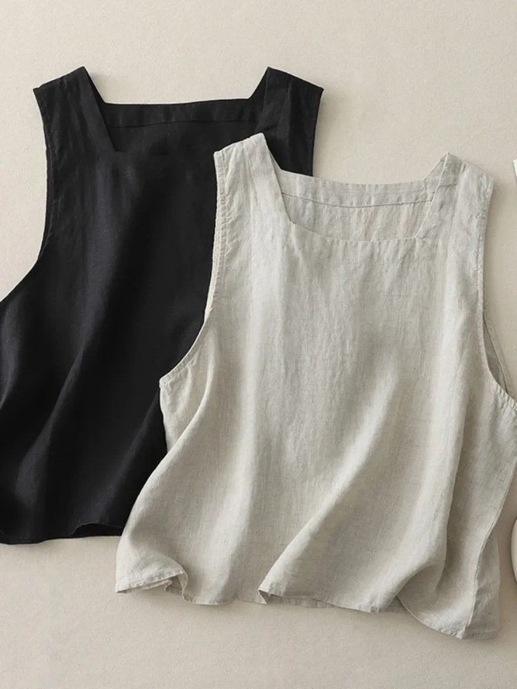 Japońska koszulka z bawełny i lnu na lato, luźna, cienka, z kwadratowym dekoltem, piękna, do noszenia pod ubraniem, cienka kamizelka do noszenia na zewnątrz.