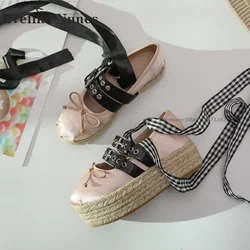 Bow Woven Bottom Platform Pumps Round Toe Belt Buckle Satin Riband Pink Women Shoes Mixed Colors Cross Tied Shallow Ballet Shoes