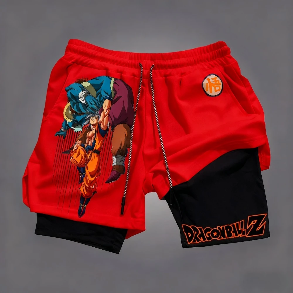 لعبة دراغون بول أنيمي مطبوعة طبقة مزدوجة السراويل 2025 الصيف الرجال جديد ضيق اللياقة البدنية التجفيف السريع تنفس 2 في 1 السراويل الرياضية
