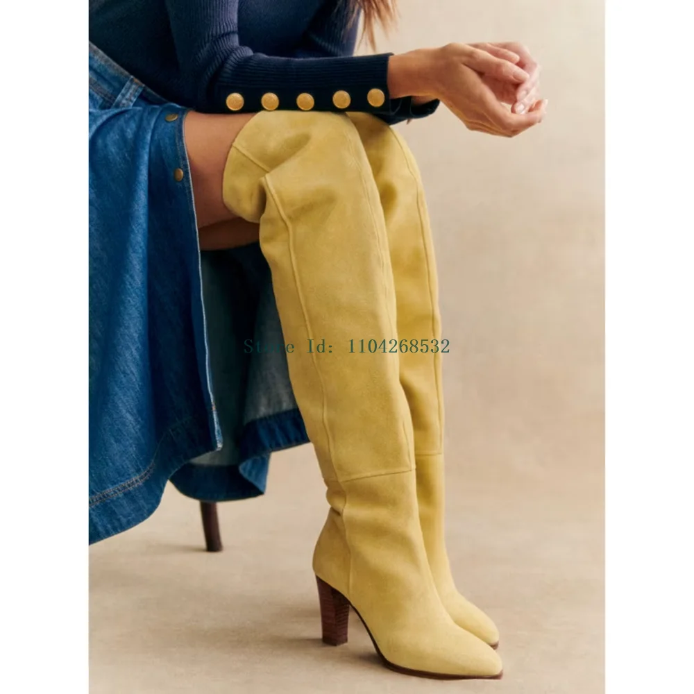 Suede Tum Over Over The Knee Boots Sexy Pointed Toe Zipper Square Heel Slip On Solid New Arrivals Fashion Women Modern Boots