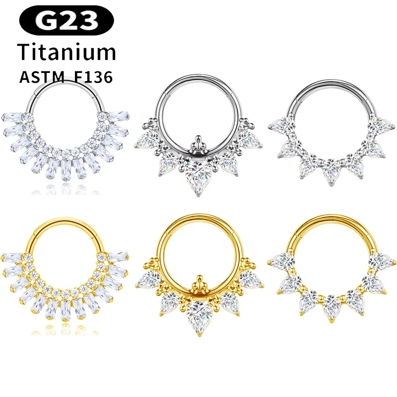 

1PC ASTM F136 Titanium Nose Ring Septum Hinged Segment Zircon Clicker Helix Conch Cartilage Daith Earrings Goth Piercing Jewelry