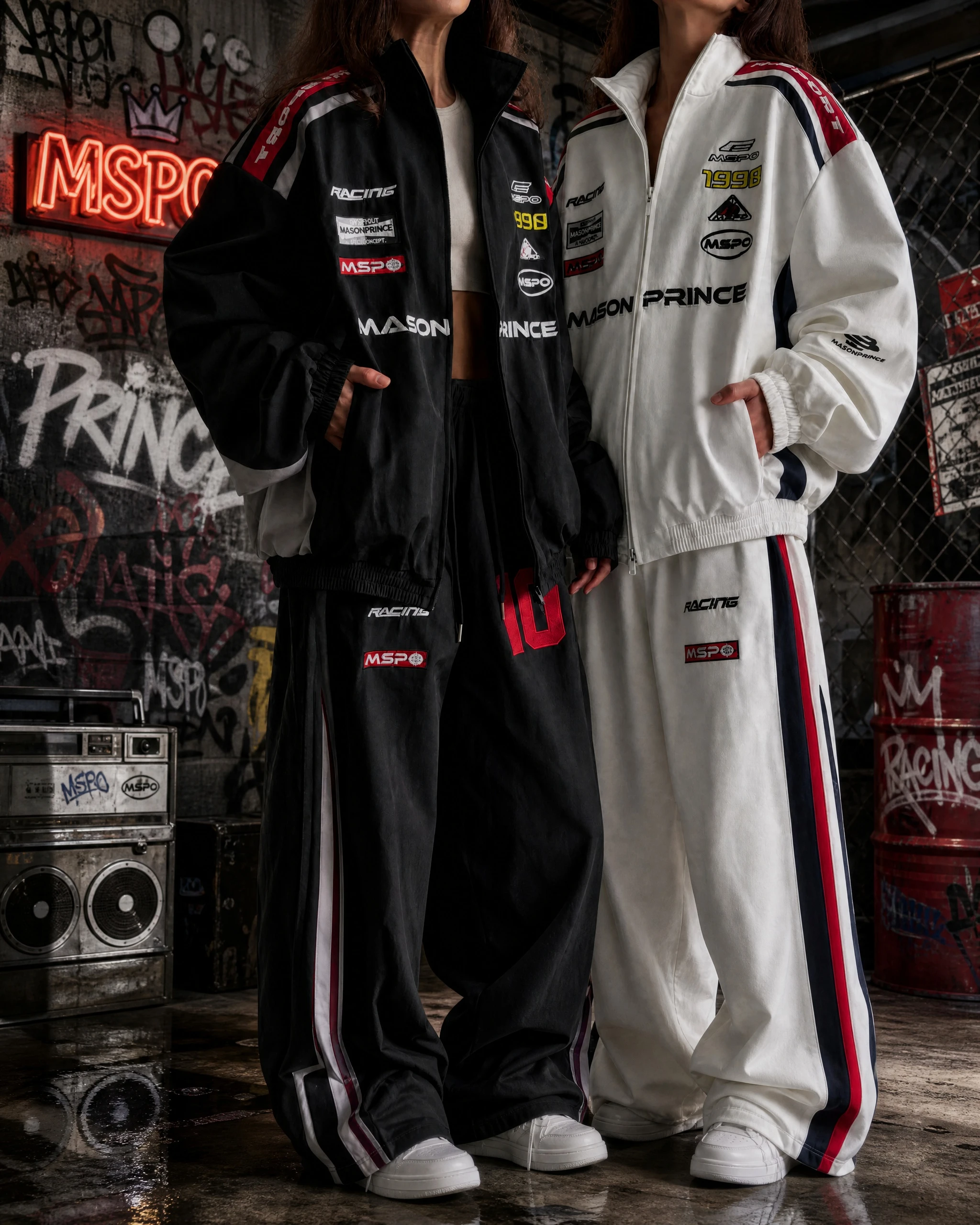 American Racing Suit Set Hoodies Women Contrastingy Loose All Embroider Sweatshirt Two-piece Set Jacket Wide Leg Sports Pants