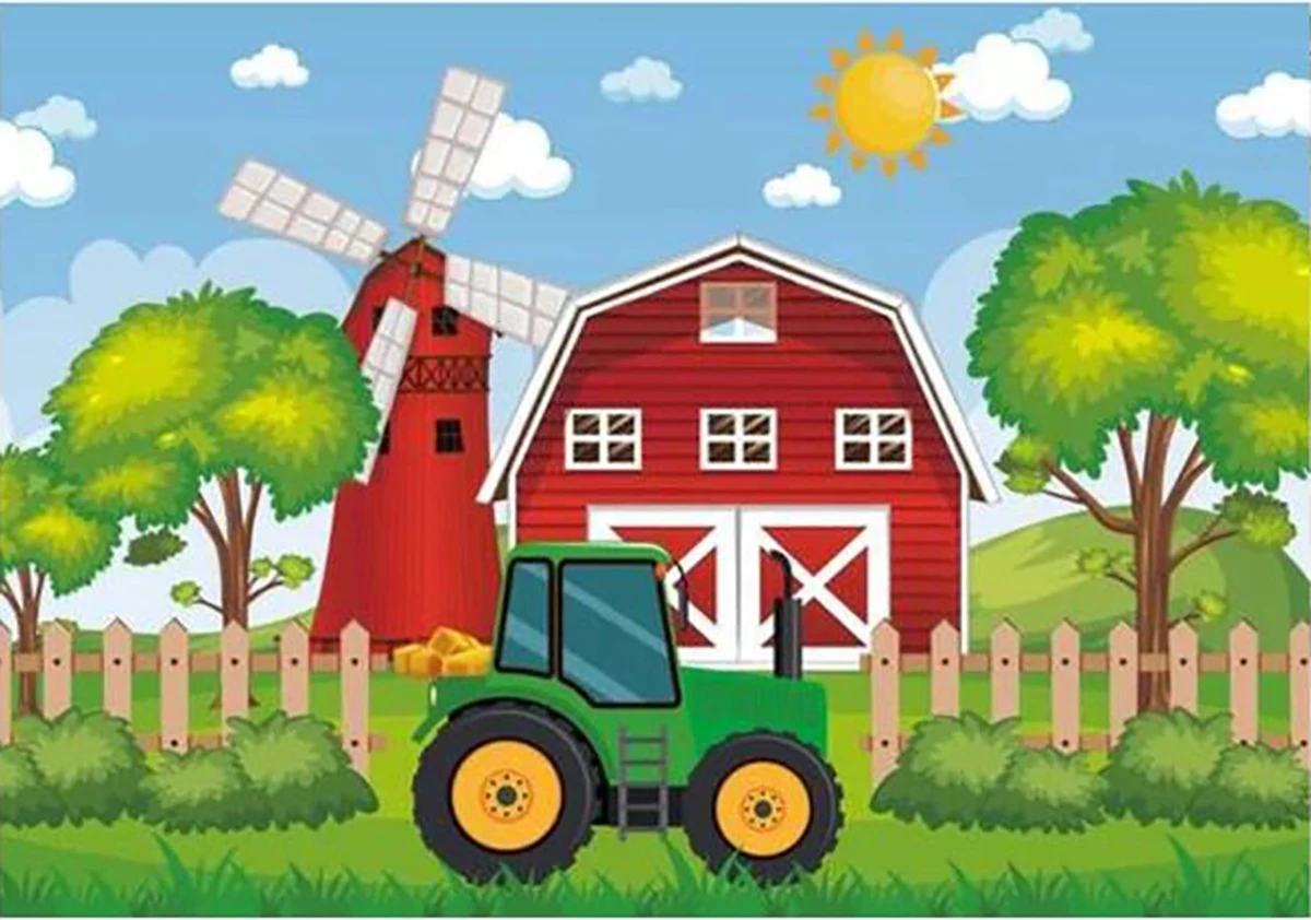 Green Tractor Red Barn Door Tree Sun farm pinwheel Baby Shower Birthday backdrops party photo studio background