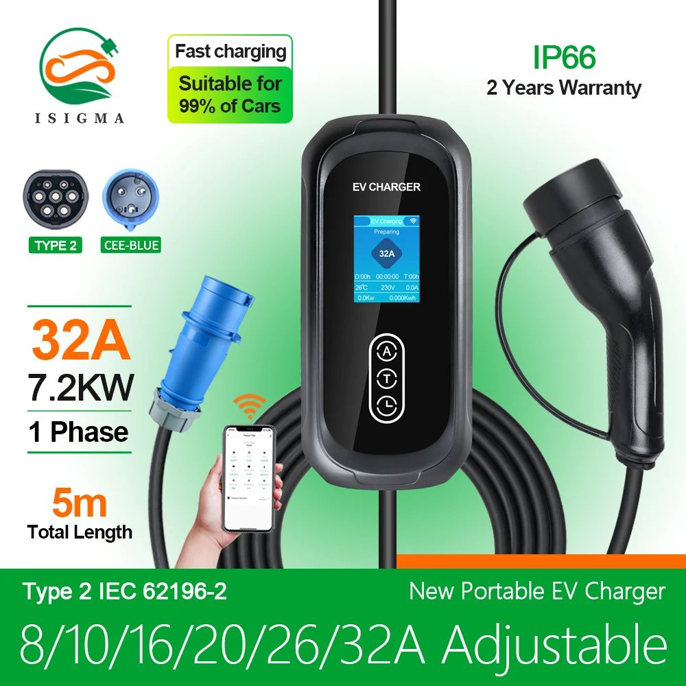 Isigma 32A 7.2kw Portable EV Charger Type2 IEC62196-2  Tuya APP EVSE Charging 5M Cable Type2 Plug Wallbox for Electric Car