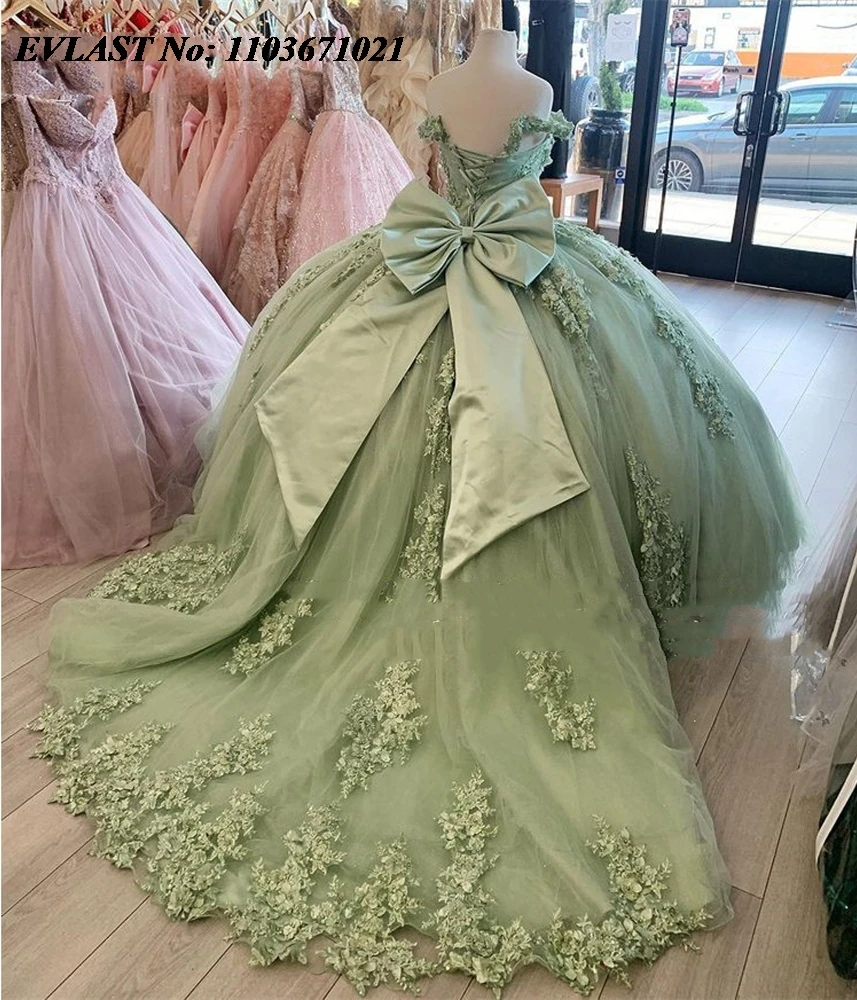 EVLAST Customized Sage Green Quinceanera Dress Ball Gown Lace Applique Beaded Bow Mexican Sweet 16 Vestidos De 15 Anos SQ517