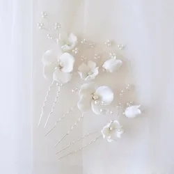 SLBRIDAL Handmade Ins Style Ceramic Flower Pearls Bridal Hair Pin Set Wedding Hair Sticker Hair Accessories Women Hair Jewelry