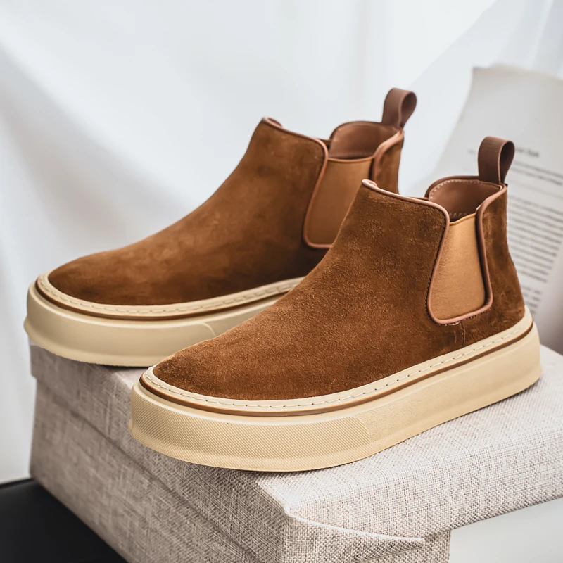 

British Style High Top Casual Shoes Men Autumn New Platform Men's Suede Shoes Comfortable Slip-On Designer Shoes Men Ankle Boot