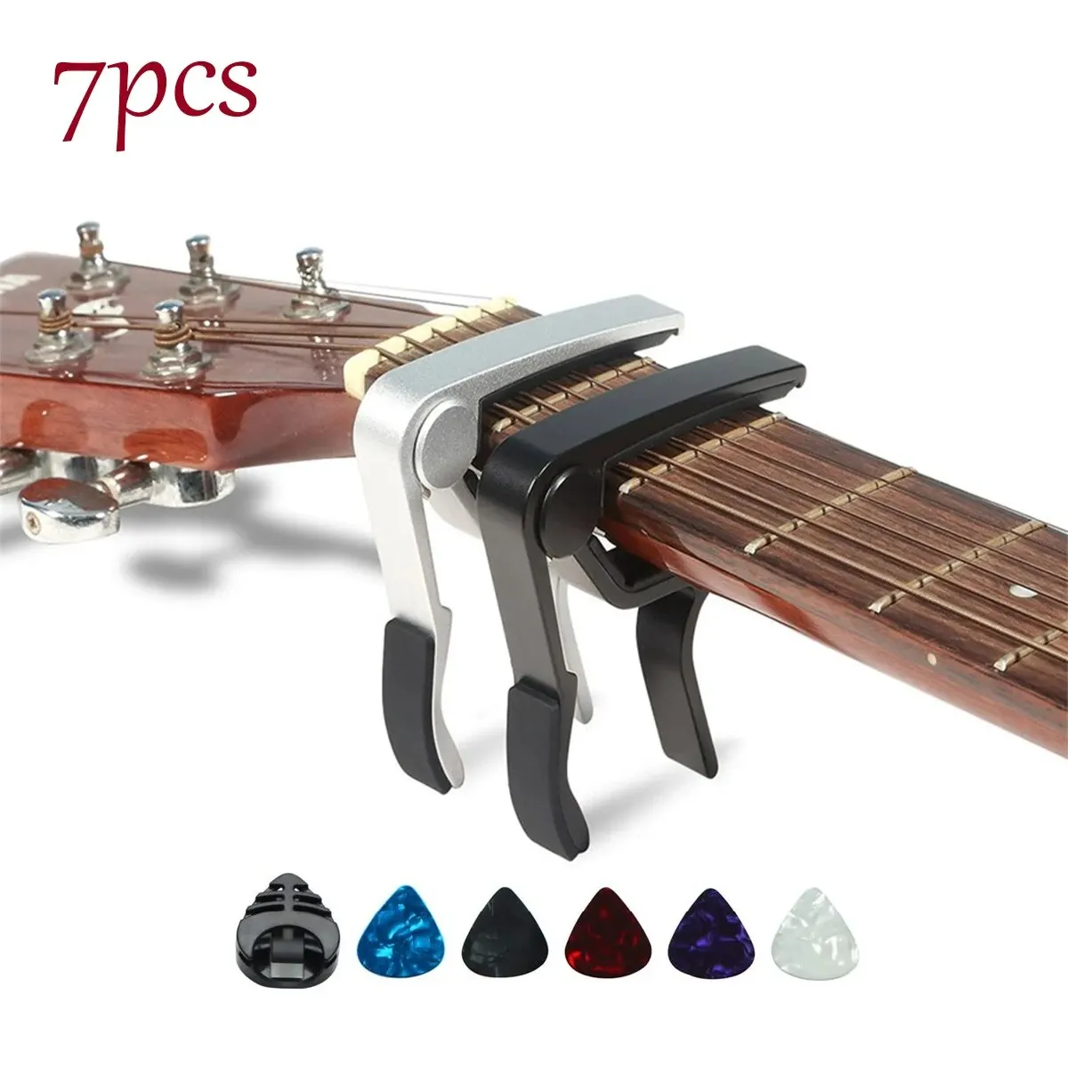 7pcs Guitar Capo for Acoustic And Electric Guitars With 5 Picks for Free And 1 Holder,Black; Silver