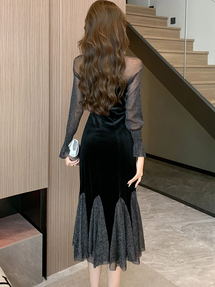 Black Velvet Patchwork Mesh Sheer Sexy Women's Dress Autumn Winter Elegant Ruffled Mermaid Dress 2024 Korean Luxury Party Dress