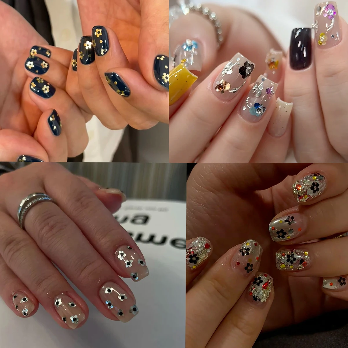 Kawaii 5 بتلات أسود أبيض مسمار الفن تقشر Y2K لامعة الذهبي مسمار زهرة الترتر ثلاثية الأبعاد لامع مسمار السحر ل مانيكير اكسسوارات