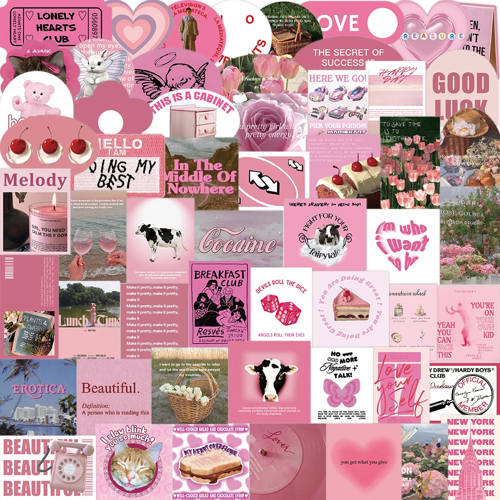 56 Stück rosa Blumen-Statement-Aufkleber, niedliche Cartoon-Aufkleber, DIY, Sammelalbum, Tagebuch, Notebook, Laptop, Telefon, Gepäck, Aufkleber