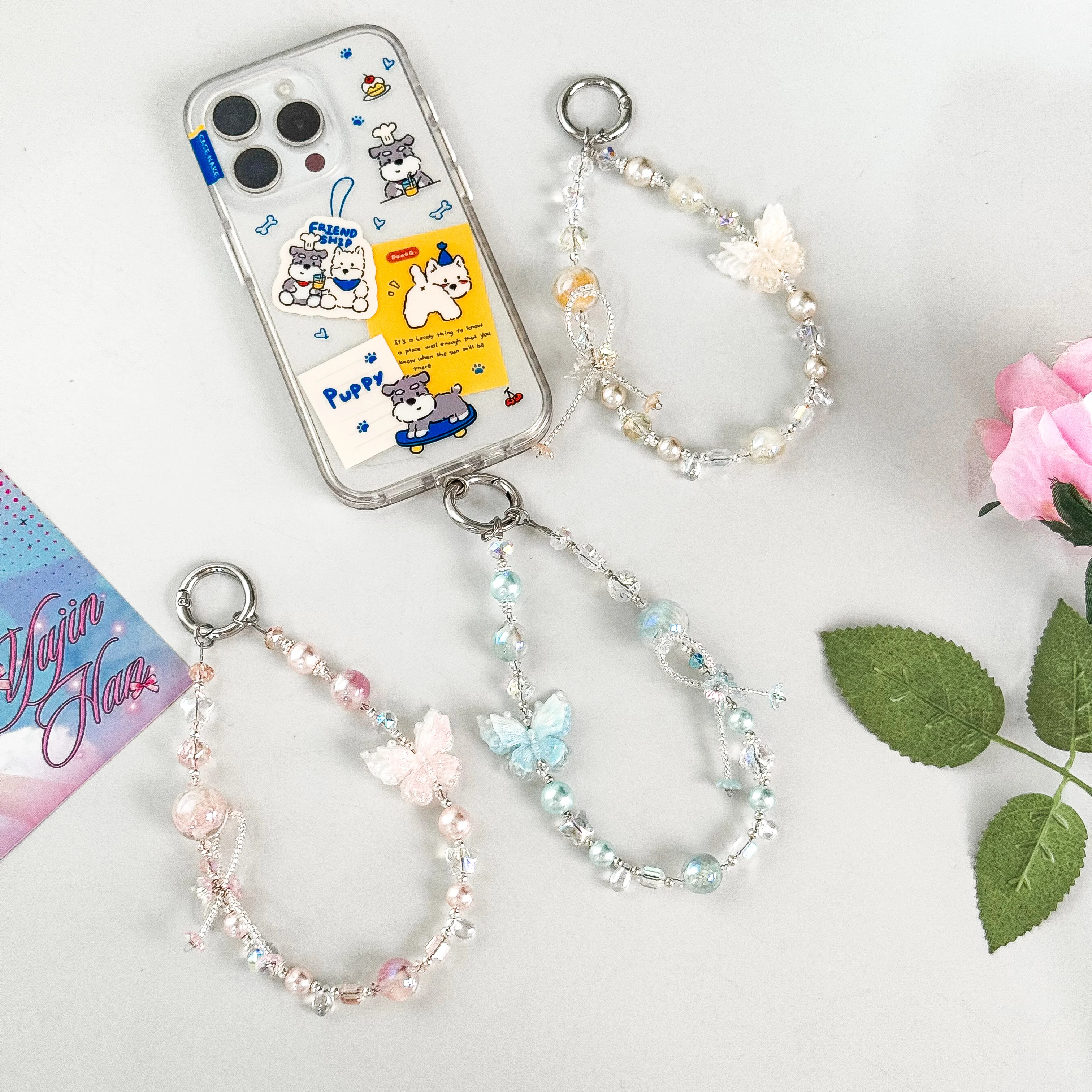 

High-End Crystal Phone Straps with 3D Butterfly Charms Sparkling Diamond Beads Lightweight Luxury Anti-Loss Keychain Fashion Cut