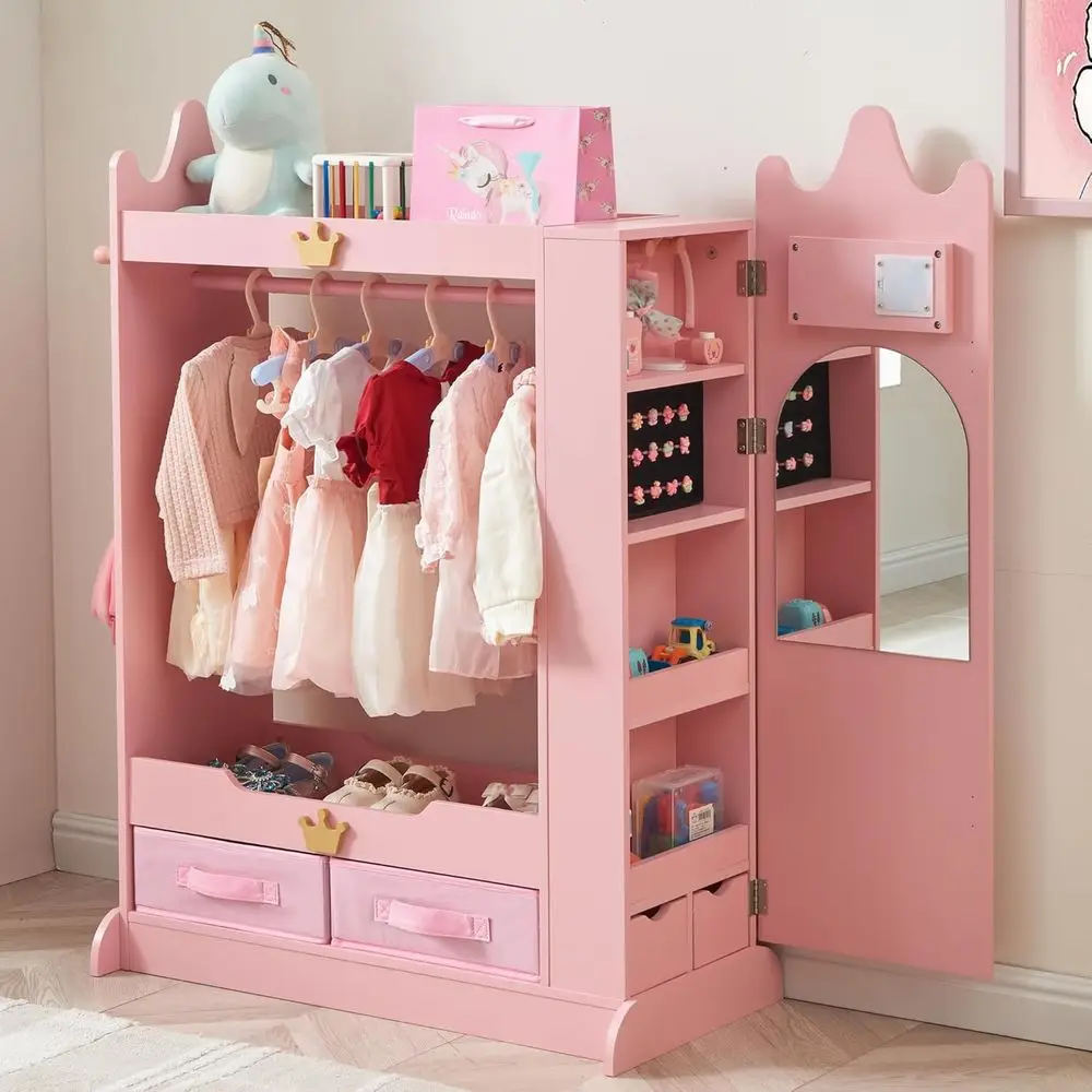 Pink Children's Wardrobe with Mirror, Storage, and Hanging for Girls' Bedroom or Playroom