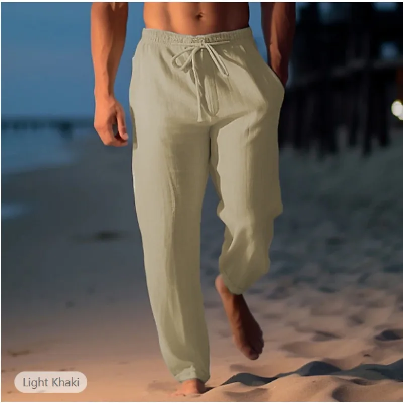 Men's Linen Trousers Summer Pants Beach Pants Drawstring Elastic Waist Straight Flat Comfortable Breathable Casual Daily