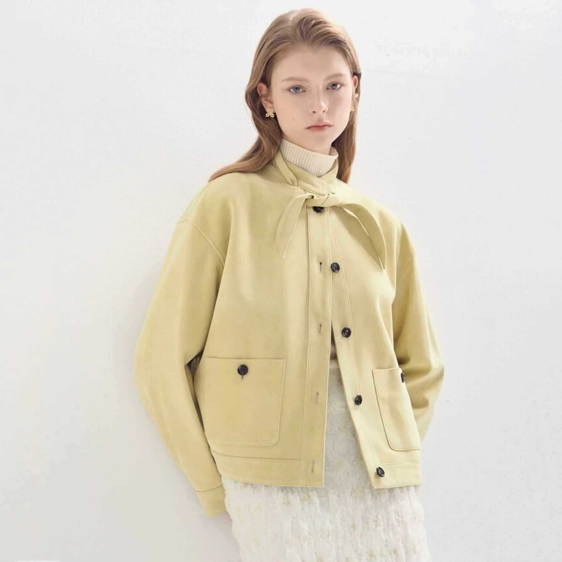 

Лимонный сыр LAN*25, осеннее свободное пальто из кожи оленя, бархатный воротник-стойка, модное универсальное пальто, два цвета, прямой крой