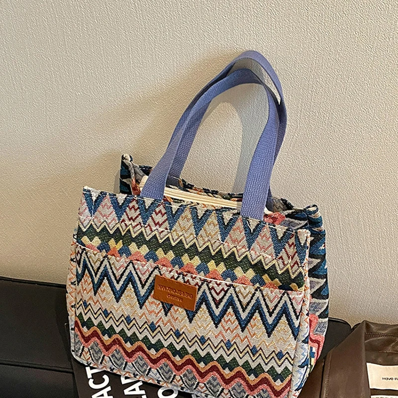 Bohemian Ethno-Stil Geometrischer Druck Canvas-Tragetasche, Bunte Zickzack-Muster Handtasche für Damen, Große Kapazität Pendler-Schultertasche – Detail 9