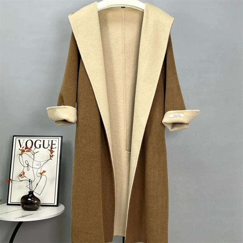 เสื้อโค้ทกันลมผ้าวูลลำลองสำหรับผู้หญิง รุ่นใหม่ ฤดูใบไม้ร่วง ฤดูหนาว ปี 2025 สไตล์เกาหลี ทรงหลวม ความยาวปานกลาง ผ้าวูลสองด้าน