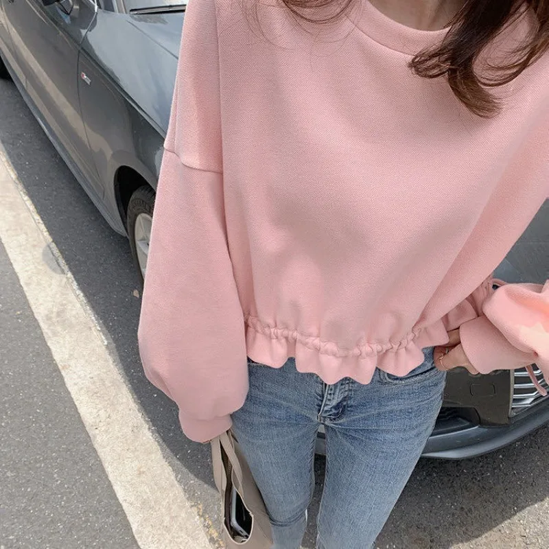 Femme Spring Casual Fashion Drawstring Solid Color O-neck Sweatshirts Women Clothing All-match Shirring Bow Long Sleeve Top Tee