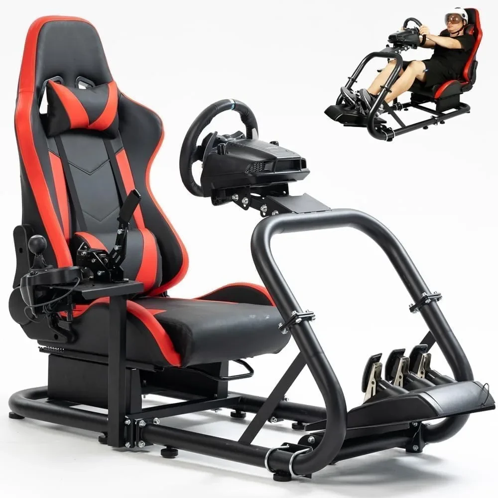 Racing Sim Cockpit Stand with comfortable Seat Fit, Large Round Tube & Adjustable,Wheel Pedal Handbrake Not Included