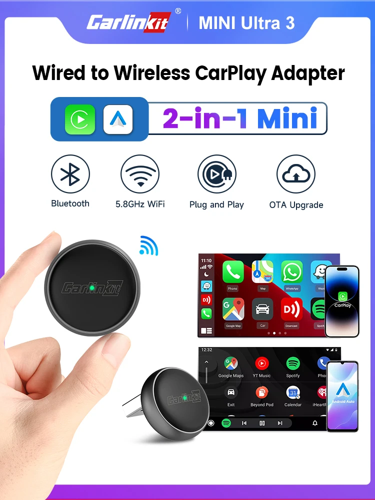 Carlinkit Mini Ultra 3-Wireless-Carplay-Adapter wandelt kabellose Android-Auto-Plug-and-Play-Carplay-WLAN-Bluetooth für Autoradio um